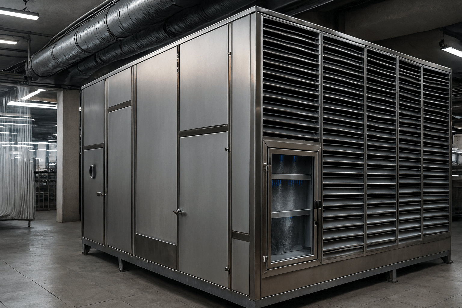 Industrieller Luftwäscher zur kombinierten Luftreinigung und Feuchtigkeitsregelung in textilen Produktionsumgebungen – effiziente Staubbindung durch Wassernebelsystem und strömungsoptimierte Luftführung.